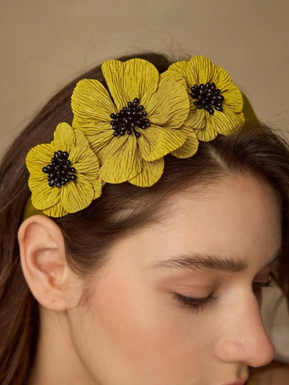 Mustard Yellow Floral Headband with Black Beaded Centers